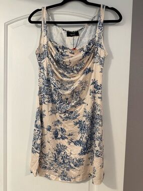 Cider Blue & Cream Toile Cowl Neck Mini Dress